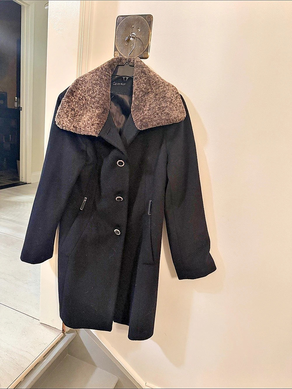 Calvin Klein black Wool Blend Coat with Faux Fur collar.  (non detachable )